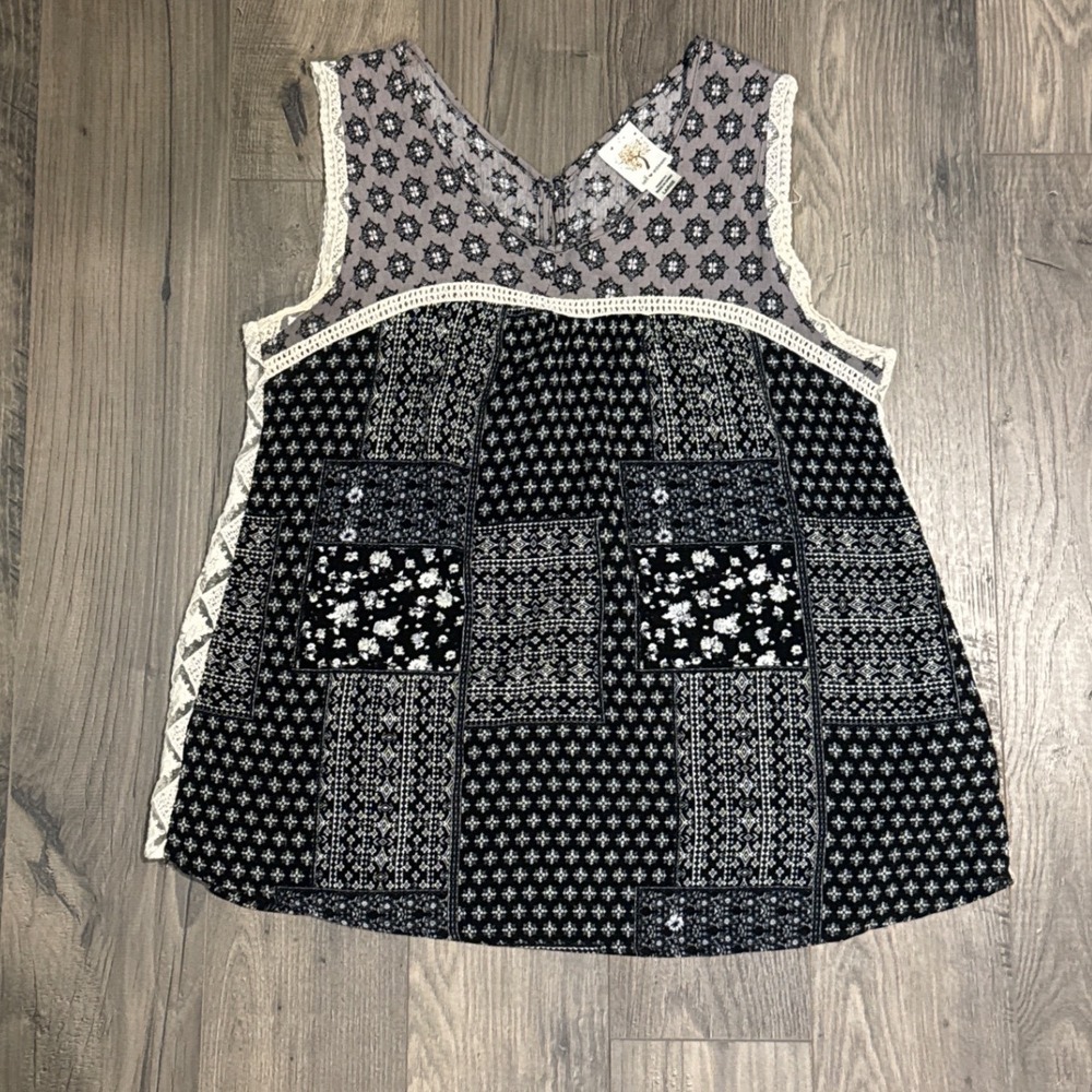 Self Esteem Women Black White Patchwork Lace Trim Tank Top Size Large